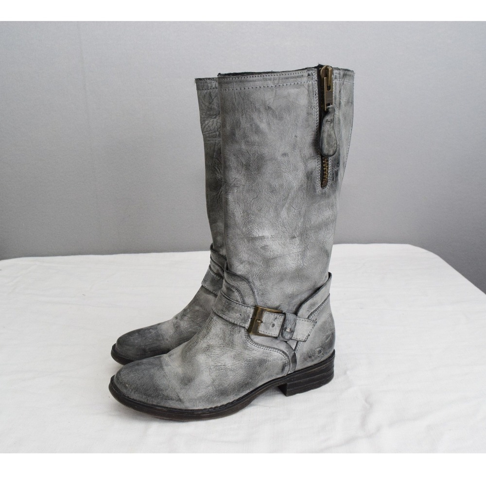 ROAN Token Leather Mid-Calf Boots 7.5 Grey Distressed Moto Biker Womens